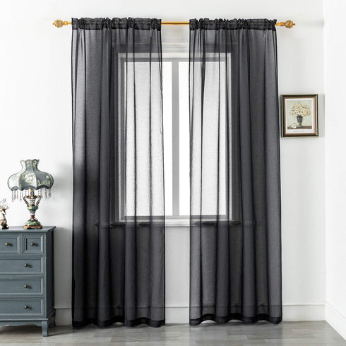 DUALIFE Black Sheer Curtains 72 Inch Length, Set of 2 Panels Rod Pocket Faux Linen Semi Translucent for Living Room