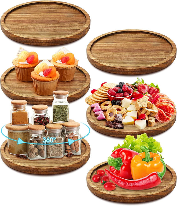 Mumufy 6 Pcs Lazy Susan Organizer, Turntable Tray for Kitchen Counter, Round Pantry Table Organization (9 Inch, Acacia