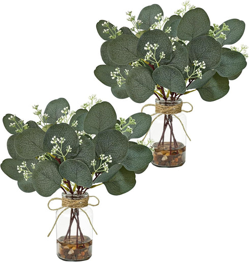 2 Pack Artificial Eucalyptus Stems in Glass Vases, 11" Fake Plants with