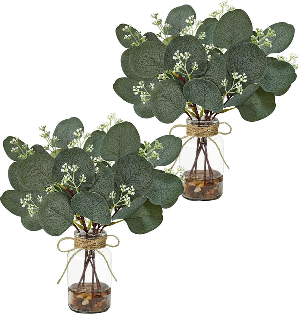 2 Pack Artificial Eucalyptus Stems in Glass Vases, 11" Fake Plants with