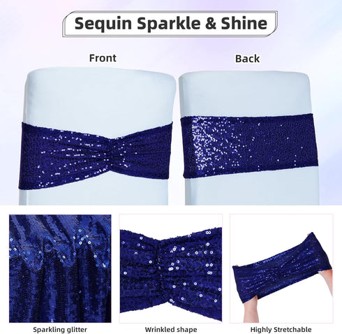 Poise3EHome Sequin Chair Sashes - Navy Blue Folding Chair Covers Bow for Wedding Party Reception Decorations, 10 PCS