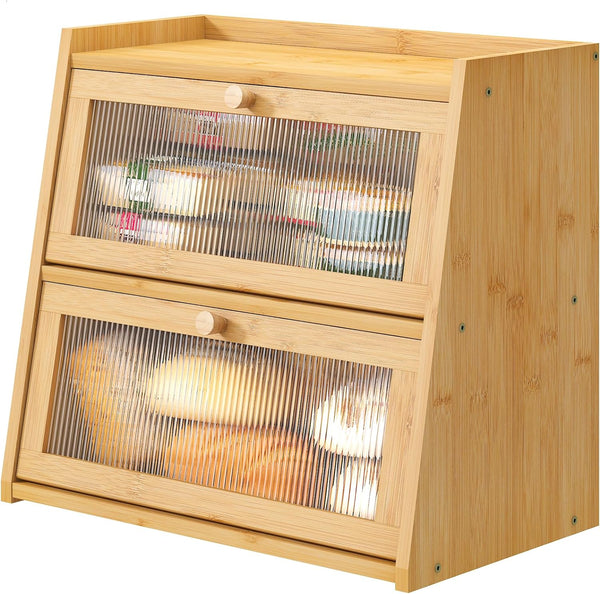 viewcare Bread Box for Kitchen Counter, Double Layer Large Bamboo Wood Bread