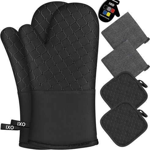 IXO 6Pcs Oven Mitts and Pot Holders, 500? Heat Resistant with Soft Cotton Lining and Non-Slip Silicone Surface