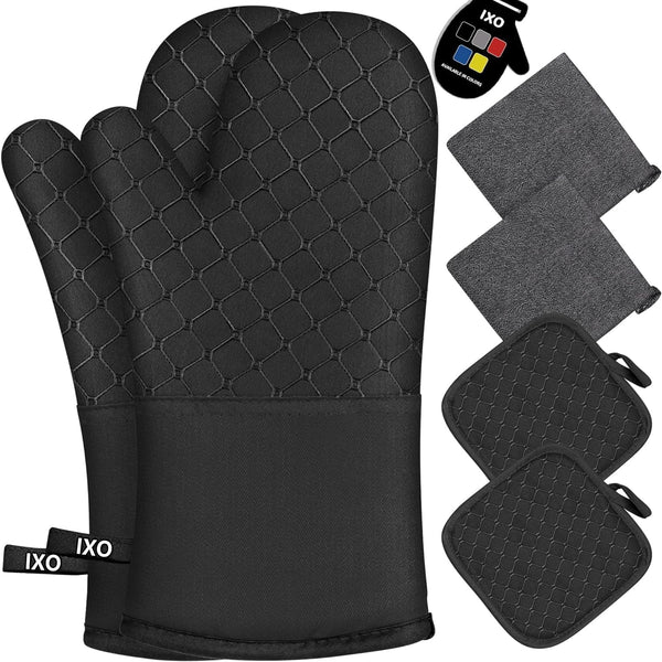 IXO 6Pcs Oven Mitts and Pot Holders, 500? Heat Resistant with Soft Cotton Lining and Non-Slip Silicone Surface