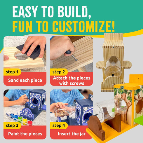 SparkJump Squirrel Feeder Kit - Sustainable FSC Wood, Easy Mounting and Assembly, Kid-Safe Mason Jar, Perfect