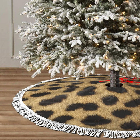 Christmas Tree Skirt 48" Inch Leopard Animal Print Xmas Tree Skirt Mat with White Tassel for Holiday Decorations