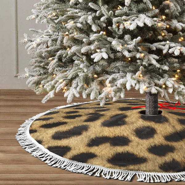 Christmas Tree Skirt 48" Inch Leopard Animal Print Xmas Tree Skirt Mat with White Tassel for Holiday Decorations