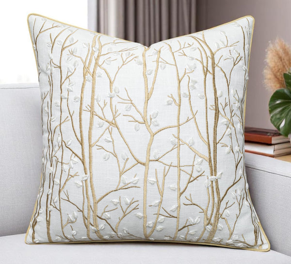 VAGMINE Embroidered Botanical Accent Pillow Cover 20x20 Ivory Cotton Square Cushion Cover for