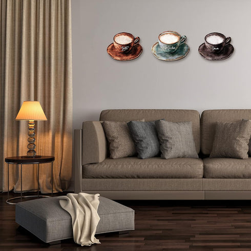 Blulu 3 Pcs Coffee Wooden Wall Art Decor - Retro Java Cup Wooden Sign for Kitchen and Dessert Shop