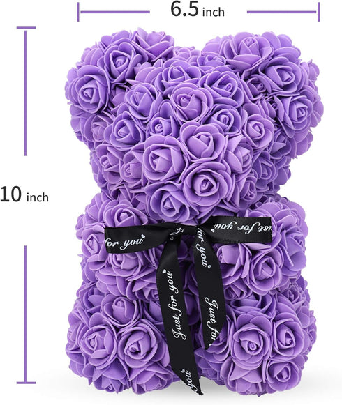 LINKLO Rose Bear, 10 inch Artificial Rose Flower Bear Gift for Wedding, Mothers Day, Anniversary (Purple)