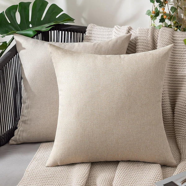 MIULEE Decorative Outdoor Throw Pillow Covers, 2 Pack Solid Waterproof Faux Linen Cushion Cases 18x18 Inch Beige