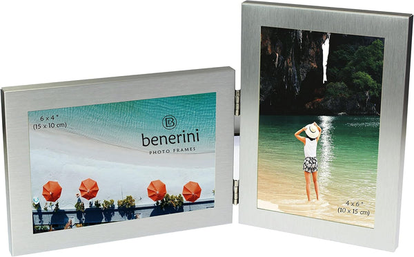 Brushed Aluminium Satin Silver Twin 2 Picture Double Folding Photo Frame Gift - Takes 2 Standard 6 x 4 inch Photographs