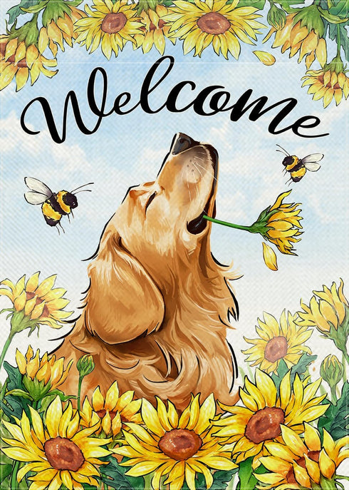 Welcome Spring Summer Golden Retriever Dog Garden Flag, Pet Sunflowers Bee Decorations, 12x18 Double Sided