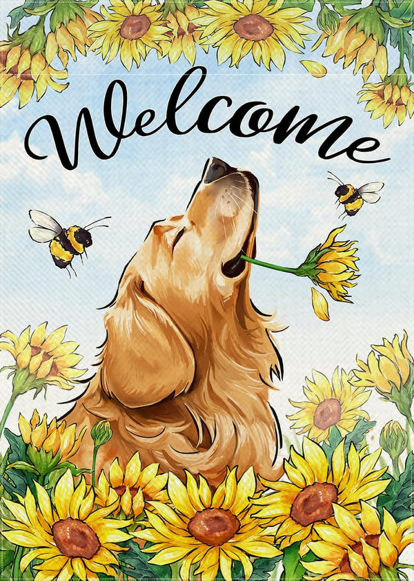 Welcome Spring Summer Golden Retriever Dog Garden Flag, Pet Sunflowers Bee Decorations, 12x18 Double Sided