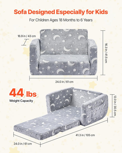 2-in-1 28D VEVOR Kids Sofa, Foldable Toddler Soft Couch with Armrests, Glow in The Dark Kids Couch Fold Out with Sponge