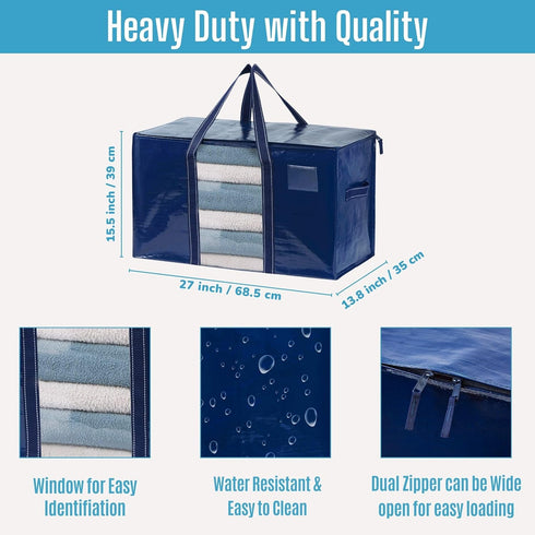 VENO Blue 2 Pack Heavy-Duty Polypropylene Storage Bags, Zipper, 50 lb Capacity, Foldable Organizer for College Dorm,