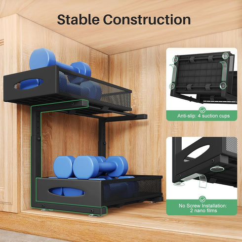 Under Sink Organizer, 2 Tier Pull Out Cabinet Baskets with Mesh Sliding Drawers, Slide Out Storage Shelf for Home &