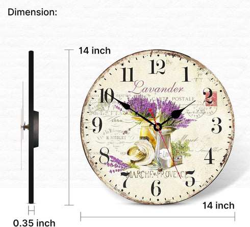 TAHEAT Romantic Lavender Wall Clock, 14 Inch French Purple Love Floral Decorative Easy to Read Clock for Living
