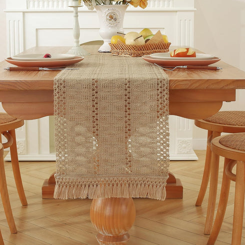 90 Inches Niviy Burlap Boho Table Runner for Home Decor with Tassels Long, Modern Farmhouse Decor Rustic Macrame Woven