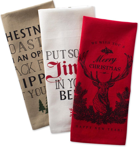DII Holiday Collection Vintage Print Dishtowel Set, 18x28, Christmas Stag, 3 Piece for Kitchen Use
