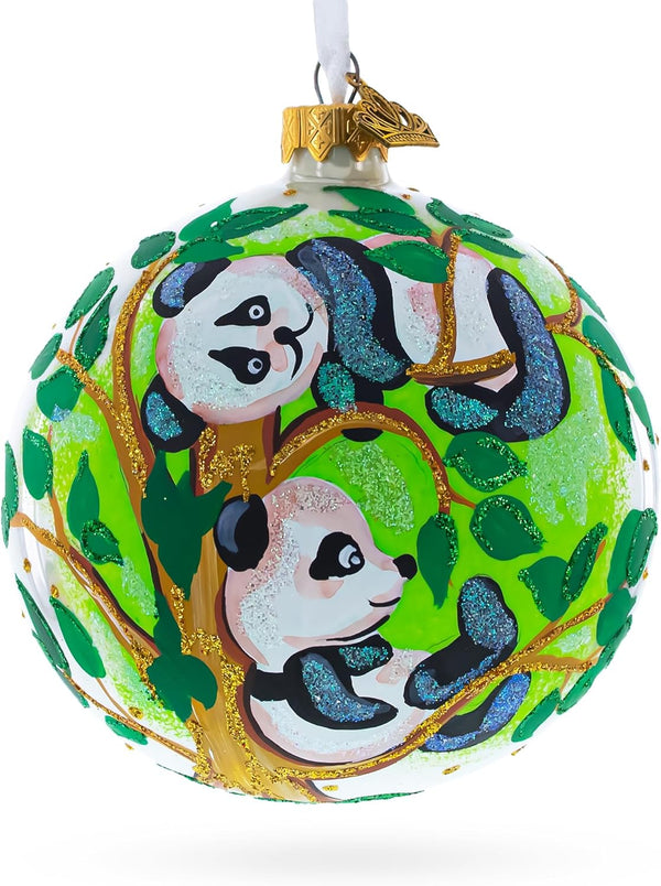 Panda Bears on Tree Branch Glass Ball Christmas Ornament, 4 Inches