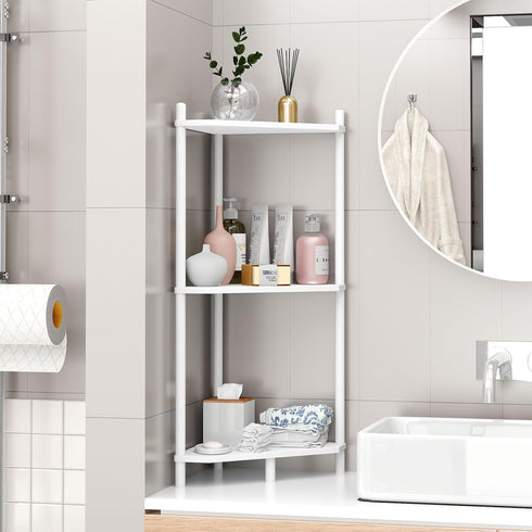 Wisuce Essentials 3 (White3 Corner Shelf Stand - Tier Bamboo Small Corner Bookshelf for Office Kitchen Bedroom Plant