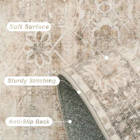 5x7 Beige Washable Rug for Living Room Large Vintage Distressed Bedroom Rug Low Pile Non-Slip Soft Boho Carpets