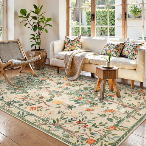 Lanffia 5x7 Botanical Washable Area Rug, Soft Whimsical Non Slip Rugs for Nursery, Beige Tree Plant Indoor Floor Throw