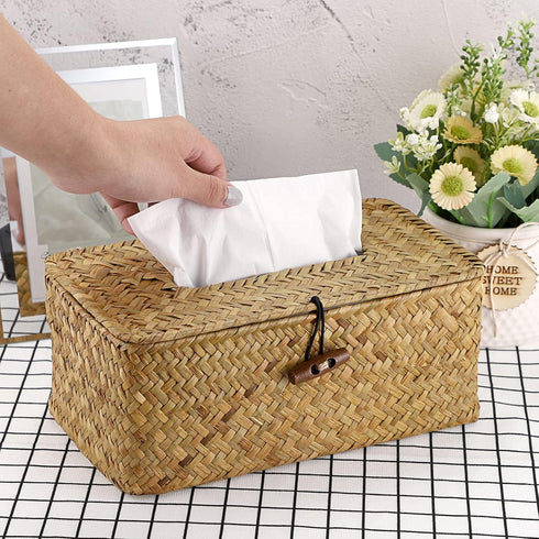 Sumnacon Rectangle Tissue Box Cover, Woven Seagrass Tissue Holder for Bathroom, Decorative Tissue Cover for Home Office