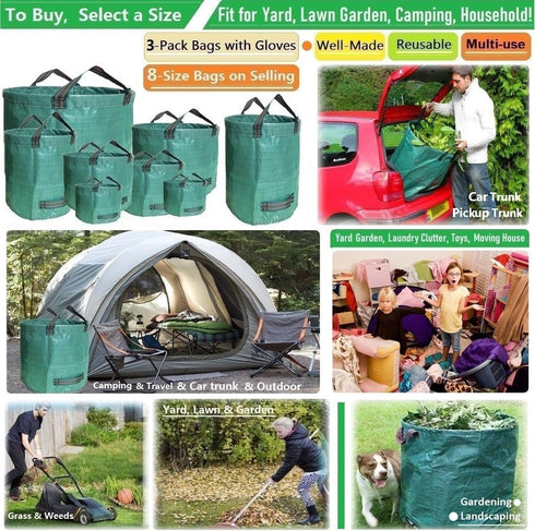 3-Pack 72 (D26,H30 Trimmings 4 Professional Gallon Big Lawn Garden Bags in) Reusable Yard Waste Bags with Gardening