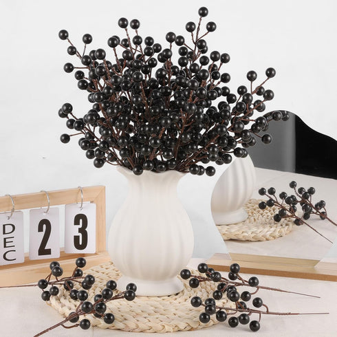 40 (40, Rowfad Pcs Artificial Berry Stems Branches, Halloween Black Faux Holly Berries Picks Ornaments for Christmas
