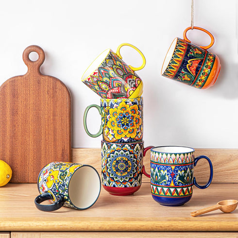 Set 6, 14 oz Henten Home Porcelain Coffee Mug of Colorful Latte Cup with Handle, Boho Ceramic Mug for Hot Chocolate