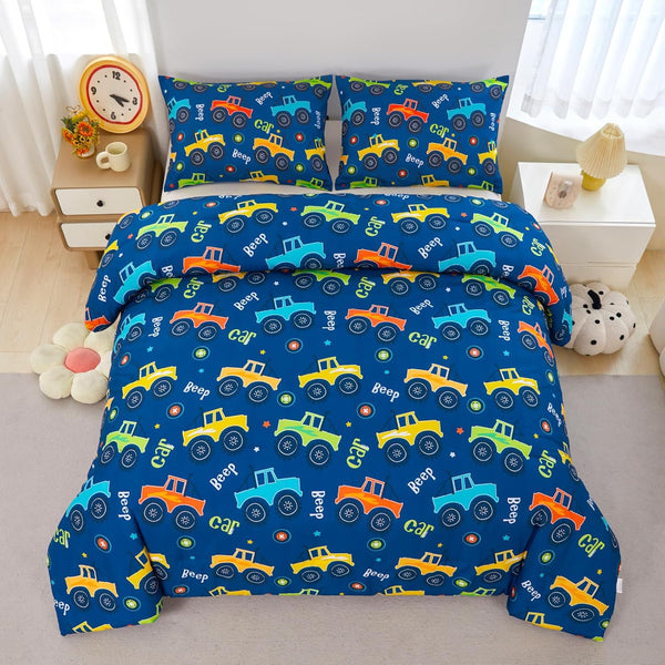 ZRNBAST Cartoon Car Kids Comforter Set Full 3 Pieces Construction Bedding Set