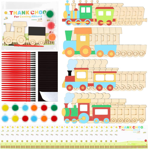 24 Set Train Party Favors, Train Birthday Party Supplies, Wood Trains Painting Crafts Kits, Magnets with Card