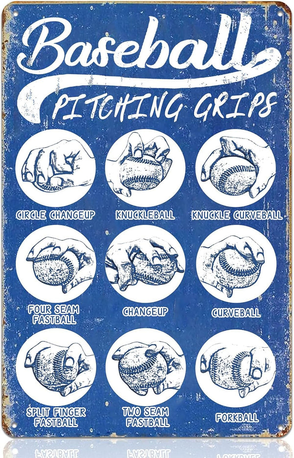 Baseball Room Decor for Boys, Vintage Baseball Metal Signs, Pitching Grips Tin Sign, Baseball Wall Art, 8x12 Inches