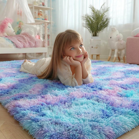 4x6 PAGISOFE Cute Furry Pastel Rug for Girls Bedroom, Soft Adorable Rainbow Purple Tent Rugs for Livingroom, Kid