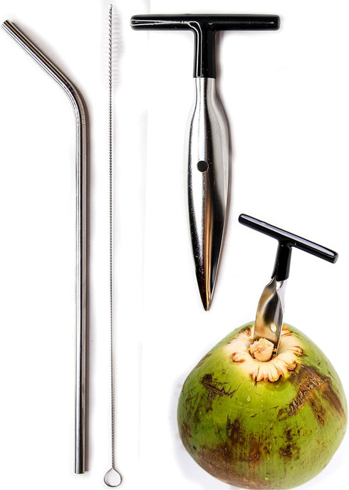 Ken's CocoMon Coconut Opener Tool + Stainless Straw, Black Rubber Handle, Safe with Stainless Steel Straws