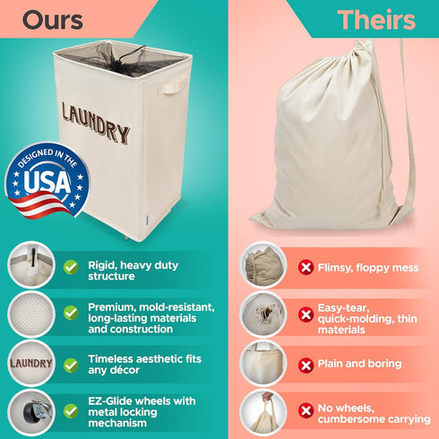 90-Liter Wondersome Laundry Hamper with Wheels - Farmhouse Cream - Extra Large Collapsible Rolling Clothes Cart - Heavy
