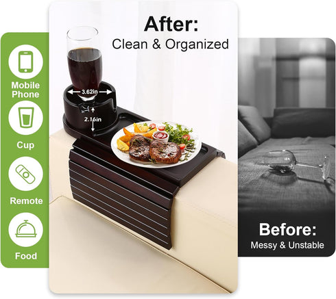 360 Couch Cup Holder,Bamboo Couch Arm Tray with Rotating Cup Holder,Foldable Anti-Slip Sofa Arm Chair Tray for Eating
