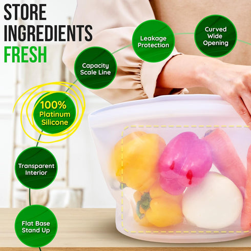 6 51oz, Reusable Silicone Food Storage Bag, Cups, Large Container, Made in Korea BPA-Free Platinum Silicone