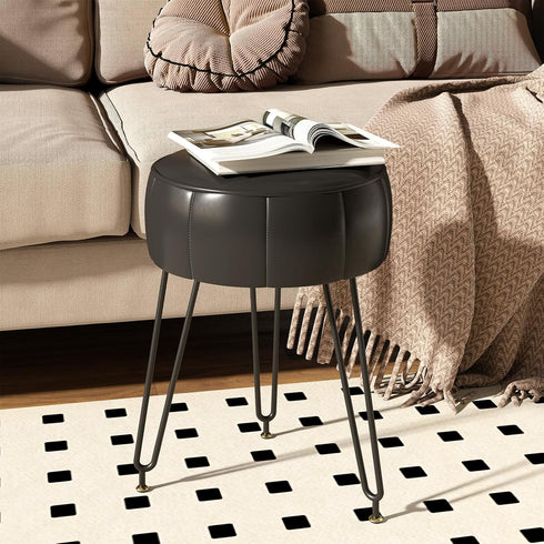 12.6" 12.6" 17.32" UHBD036B YMYNY Vanity Stool, Pumpkin Style Faux Leather Pouf, Modern Multifunctional Make-up Stool