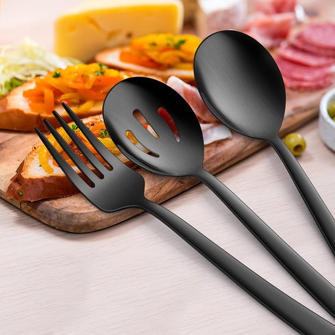 E-far 6-Piece Matte Black Serving Utensils Set, 8.7 Inch Stainless Steel Hostess Spoons and Forks