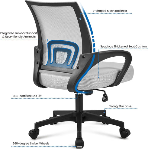 Yaheetech Ergonomic Office Chair, Mid Back Computer Chair with Lumbar Support, Adjustable Rolling Swivel
