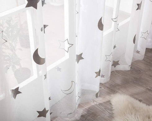 Twinkle Moon Curtains Sheer Silver for Baby Nursey Room - Grommet Star