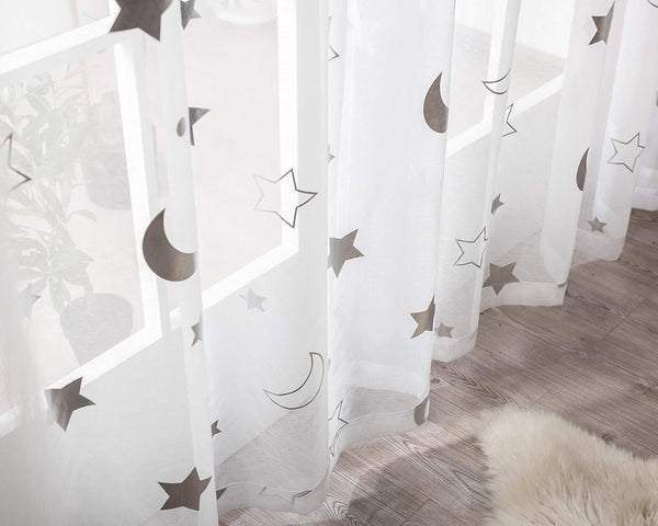 Twinkle Moon Curtains Sheer Silver for Baby Nursey Room - Grommet Star