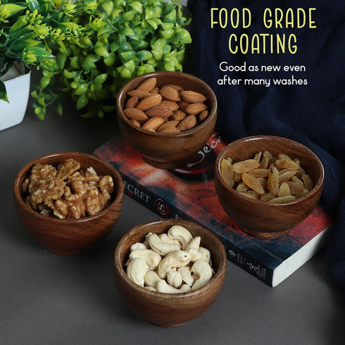 Set of 6 Acacia Wood Small Bowls, 4 fl oz Hand Carved Wooden Kitchen Mini Cups for Dipping Sauce, Salsa, Condiments