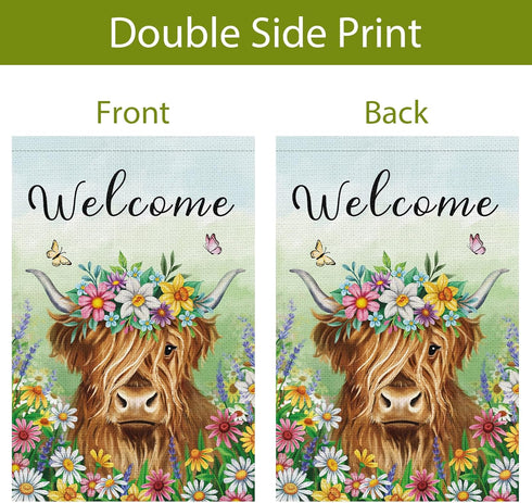 Welcome Spring Garden Flag 12x18 Inch Burlap Double Sided Vertical Highland Cow Farmhouse Outdoor Decor