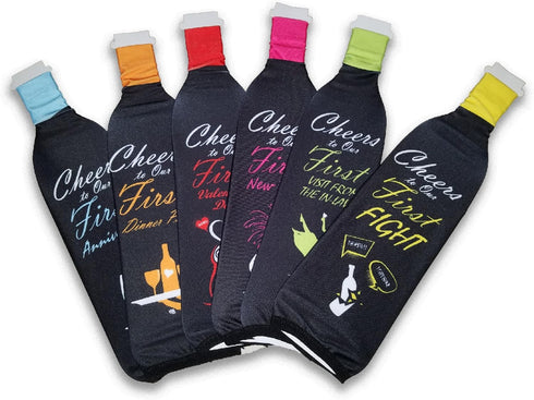 First Year of Marriage Milestones, Wine Bottle Covers for Wedding Gift (Pack of 6 Unique covers) ~ Wedding Firsts ~ Bridal & Engagement Party Gift ~ Personalize Individual Bottles of Wine ~ HouseVines