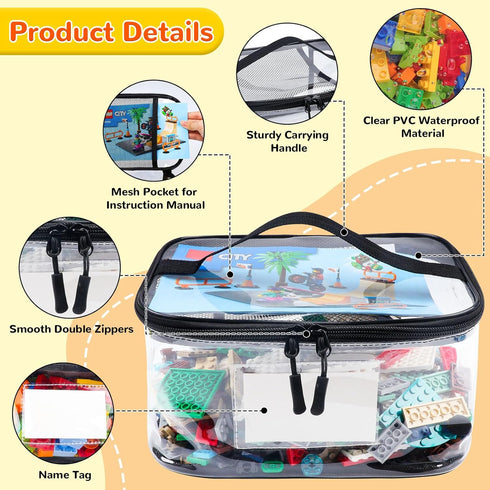 6 Pack Tesuko Clear Toy Storage Bag with Name Tag& Manual Pocket, Waterproof Transparent PVC Toy Organizer Case