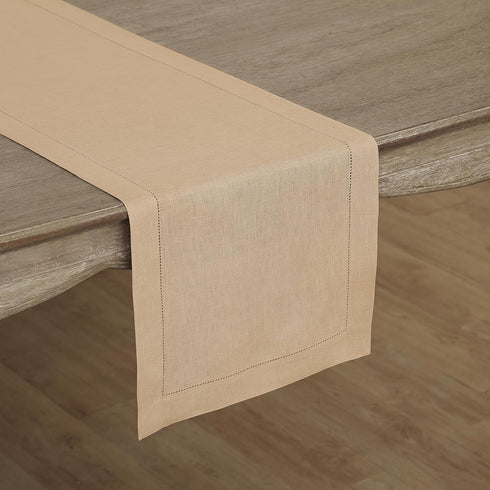 Solino Home Beige Linen Table Runner 36 Inch, 100% Pure Linen Classic Hemstitch, Machine Washable Dining